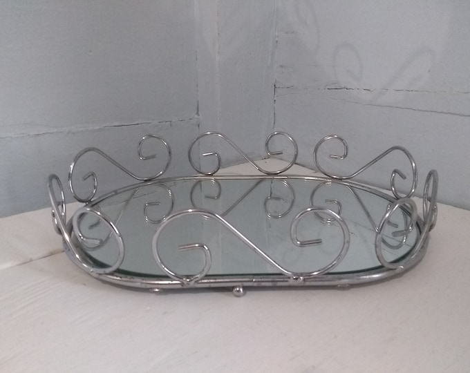 Featured listing image: Vintage Oval Vanity Mirror Tray: Silver Chrome Metal Decor, RhymeswithDaughter