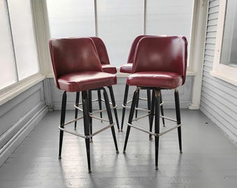 Vintage Upholstered Bar Stools Masculine Lines Maroon Industrial Vinyl Tapered Black Metal Legs Chrome Finish Foot Rest RhymeswithDaughter