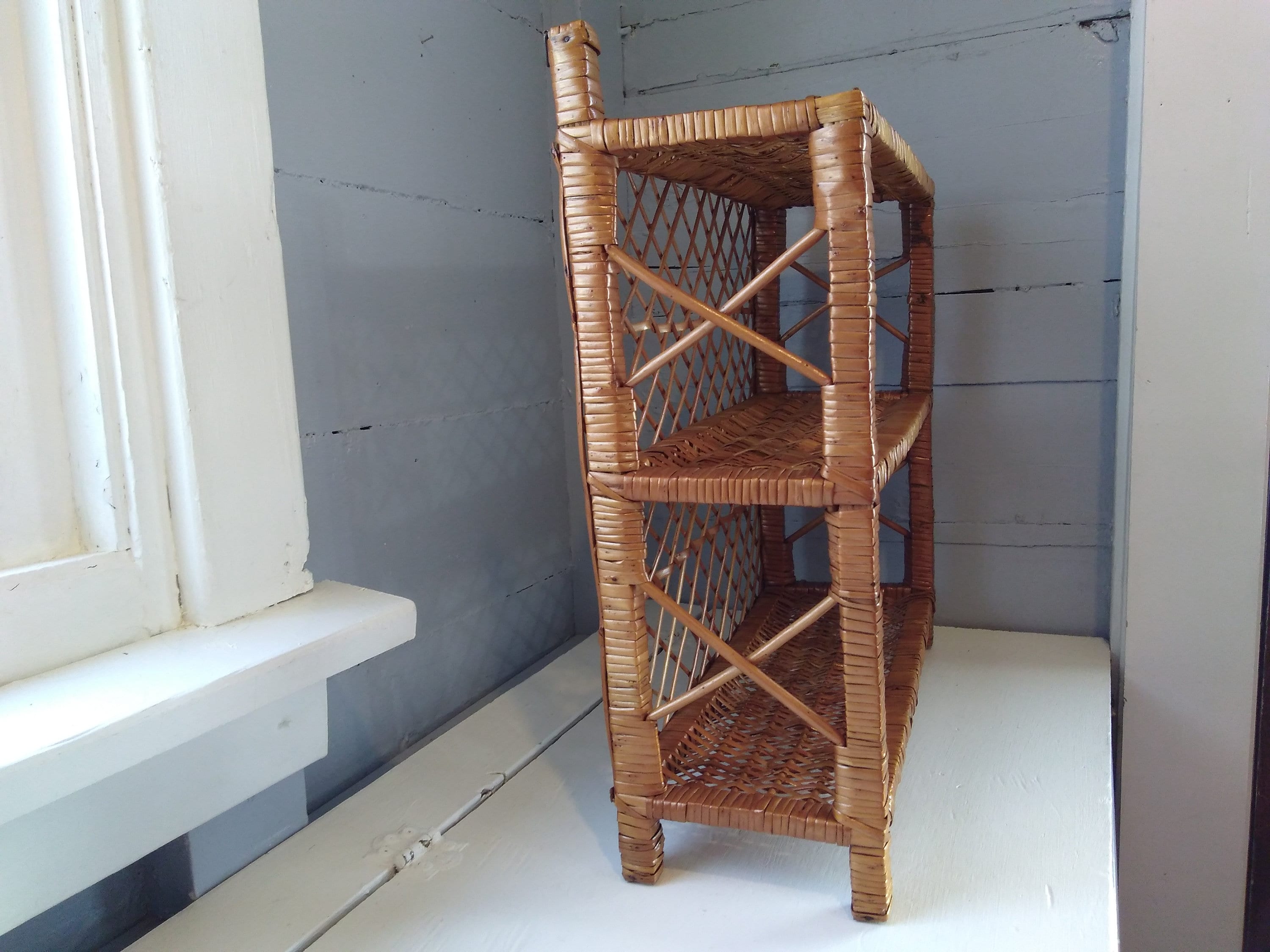 Vintage, Boho, Wicker, Shelves, Shelf Unit, Two Tier, Display Shelves