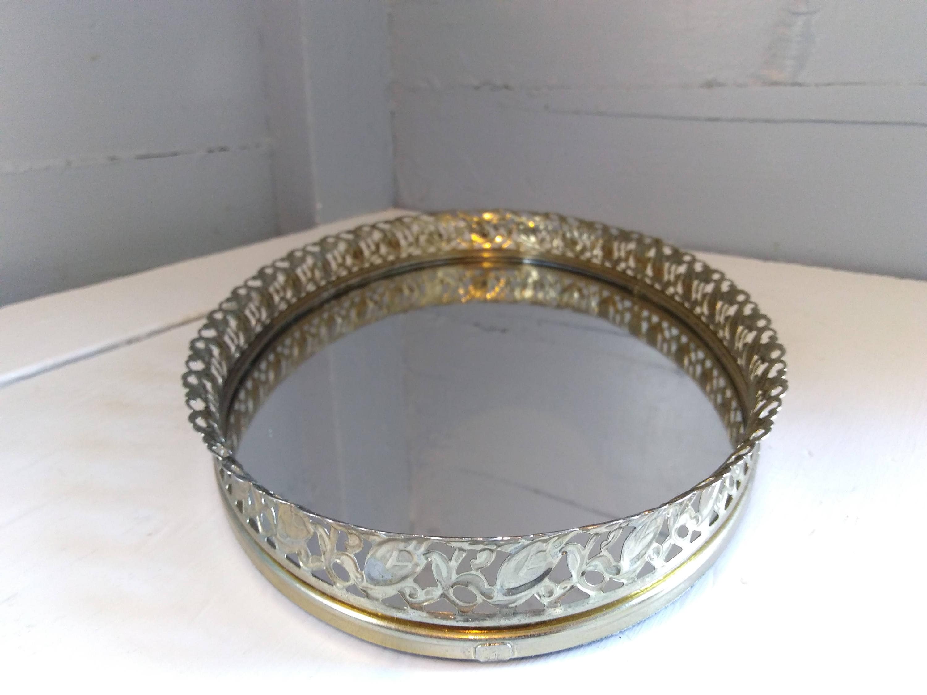 Vintage, Mirror, Mirrored Tray, Vanity Mirror, Vanity Tray, Gold, Oval