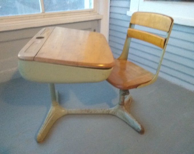 Featured listing image: Vintage American Seating Kids  Desk and Chair School Desk Kids Furniture Metal and Wood MidCentury Industrial Photo Prop RhymeswithDaughter