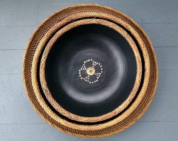 Featured listing image: Carved Wood Bowl Set: Mother of Pearl Inlay, Wicker Rim, Chinese Coin Decor, RhymeswithDaughter