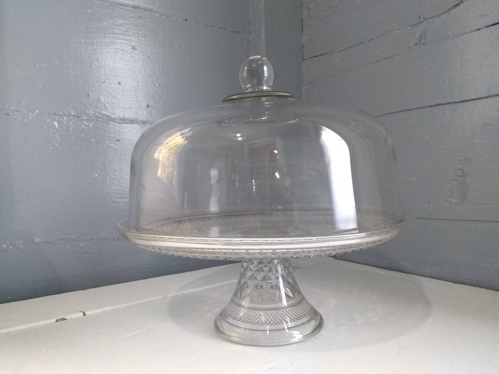 Vintage Heavy Glass Cake Stand with Dome Lid Dual Punch Bowl Set Upside