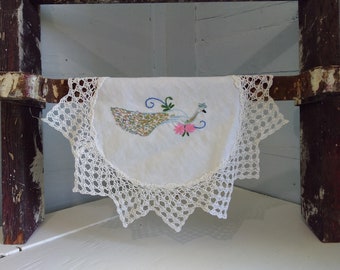 Vintage Small Round 13" Doily with White Peacock Needle Point Cotton Cotton Lace Linen Farmhouse Country Kitchen Decor RhymeswithDaughter