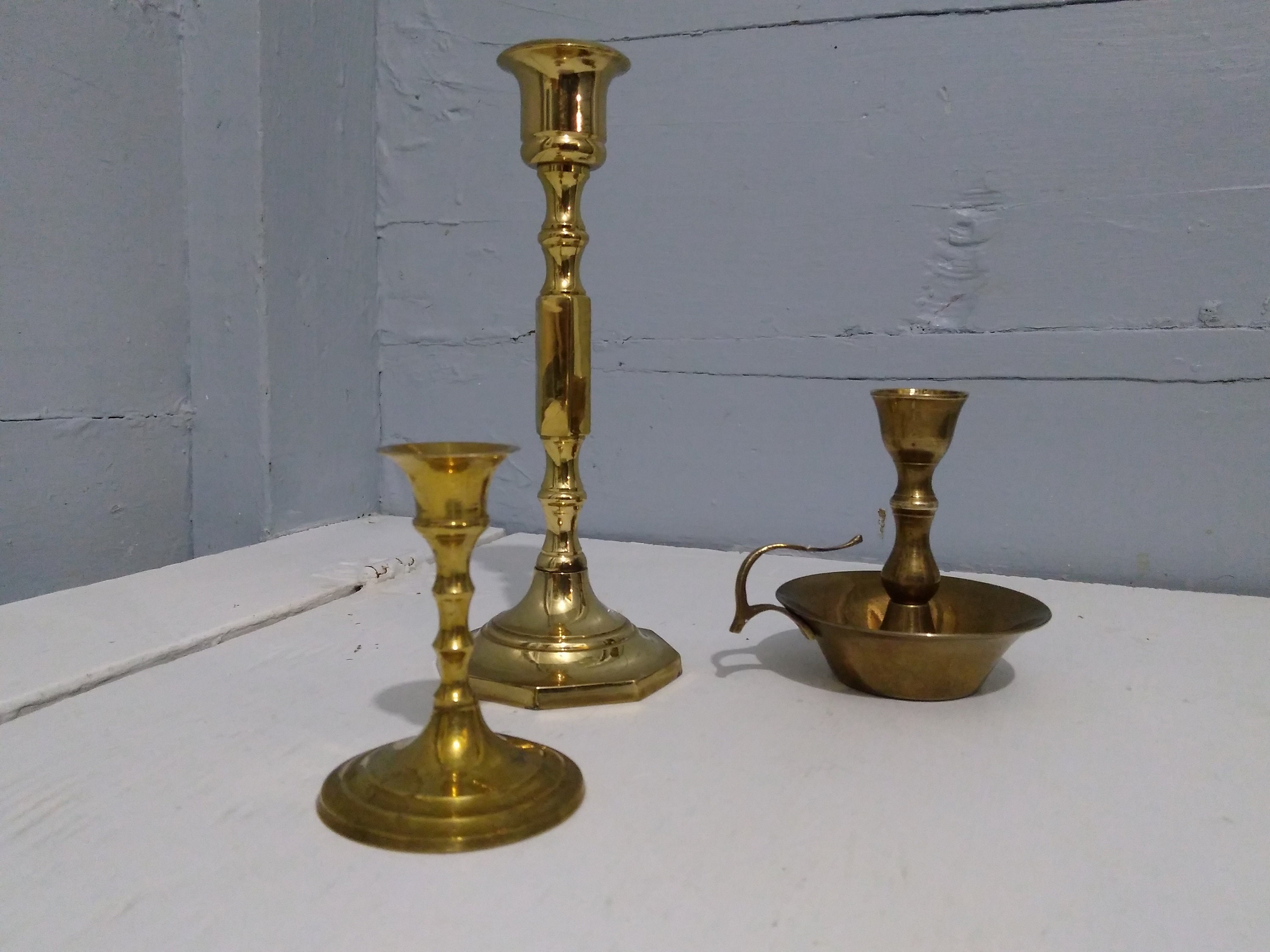 Candlestick Holders Brass Vintage Lot of 3 Chamberstick Holder Portable