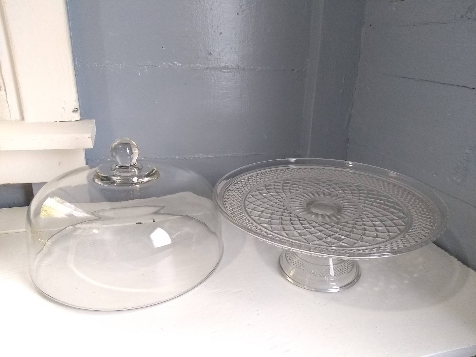 Vintage Heavy Glass Cake Stand with Dome Lid Dual Punch Bowl Set Upside