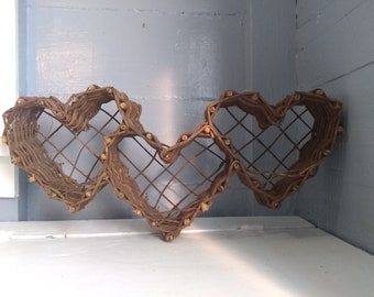 Vintage Three Heart Shaped Twig Basket Home Decor Rustic Country Farmhouse Storage Photo Prop RhymeswithDaughter