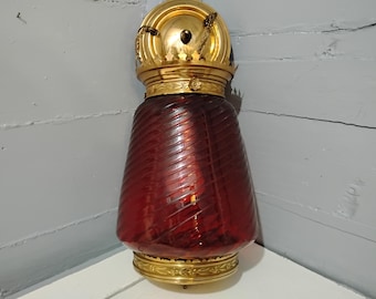 Vintage Ruby Red Glass Swag Lamp: Brass Housing Pendant Light, RhymeswithDaughter