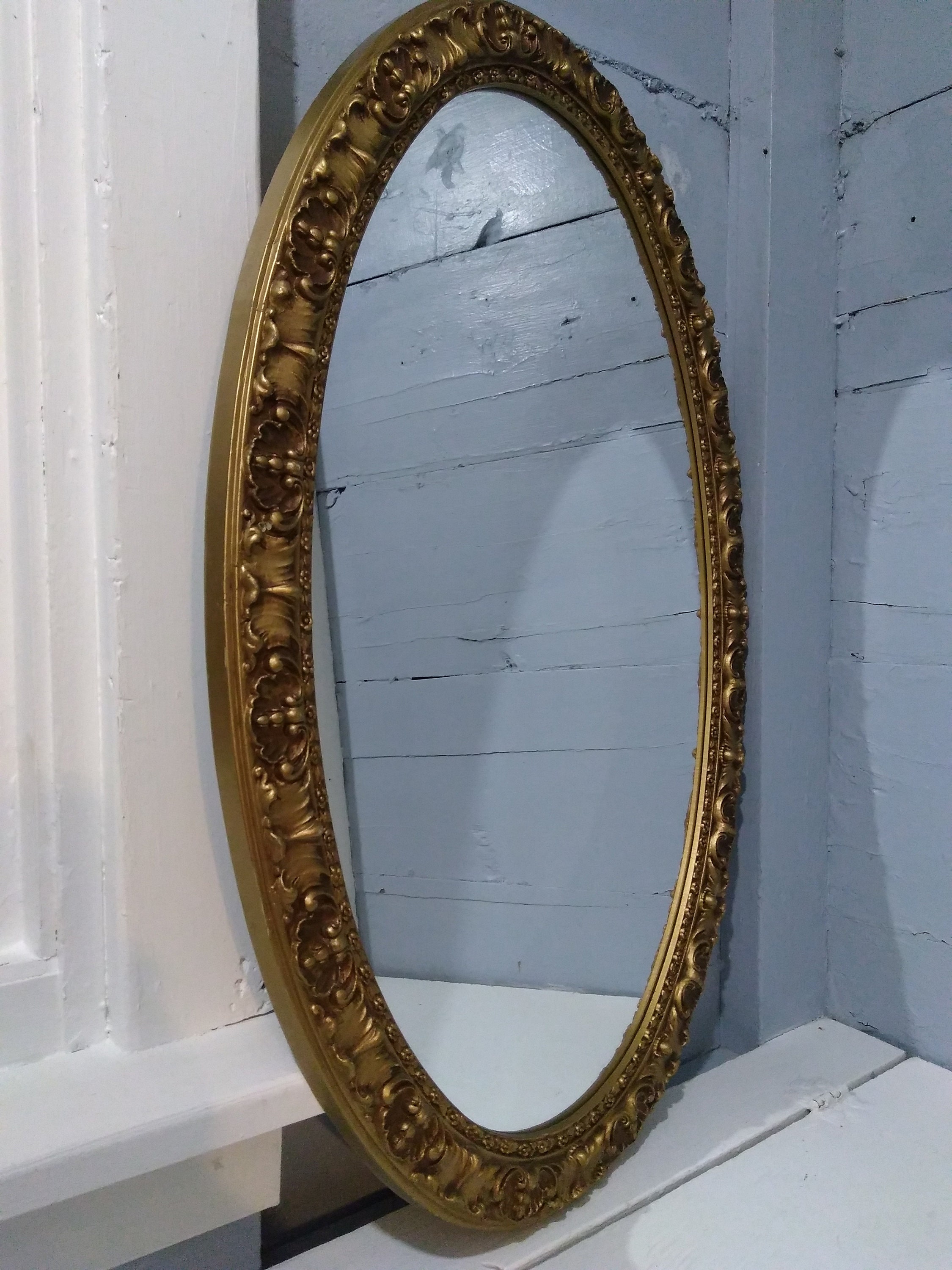 Large Oval Mirror MidCentury Wall Mirror Framed Brass Color Bathroom
