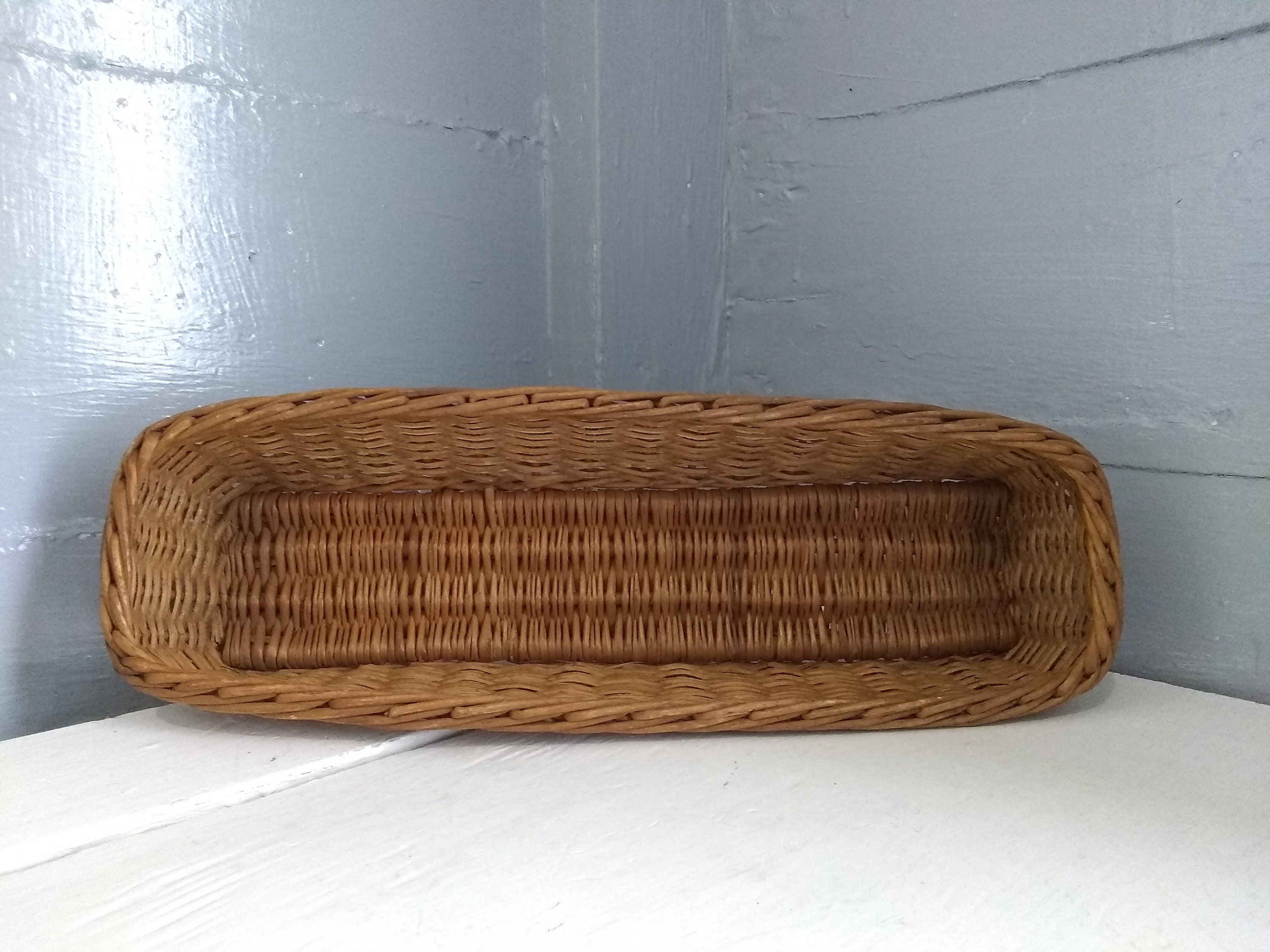 Vintage Wicker Basket Long Narrow Boho Country Chic Bathroom Craftroom Kitchen Home Decor Photo
