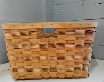 Large Vintage Square Wood Wicker Basket Woven Nailed Natural  Rustic Farmhouse Cottage Chic RhymeswithDaughter