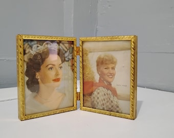 Small Vintage 24 Karat Gold Plated Bi-Fold Metal Picture Frames Mid Century Beautiful Etched Design Table Top RhymeswithDaughter
