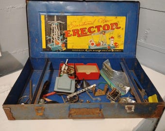 Vintage Blue Metal Erector Box with As Found Random Erector Pieces.  Metal Box Display Photo Prop RhymeswithDaughter