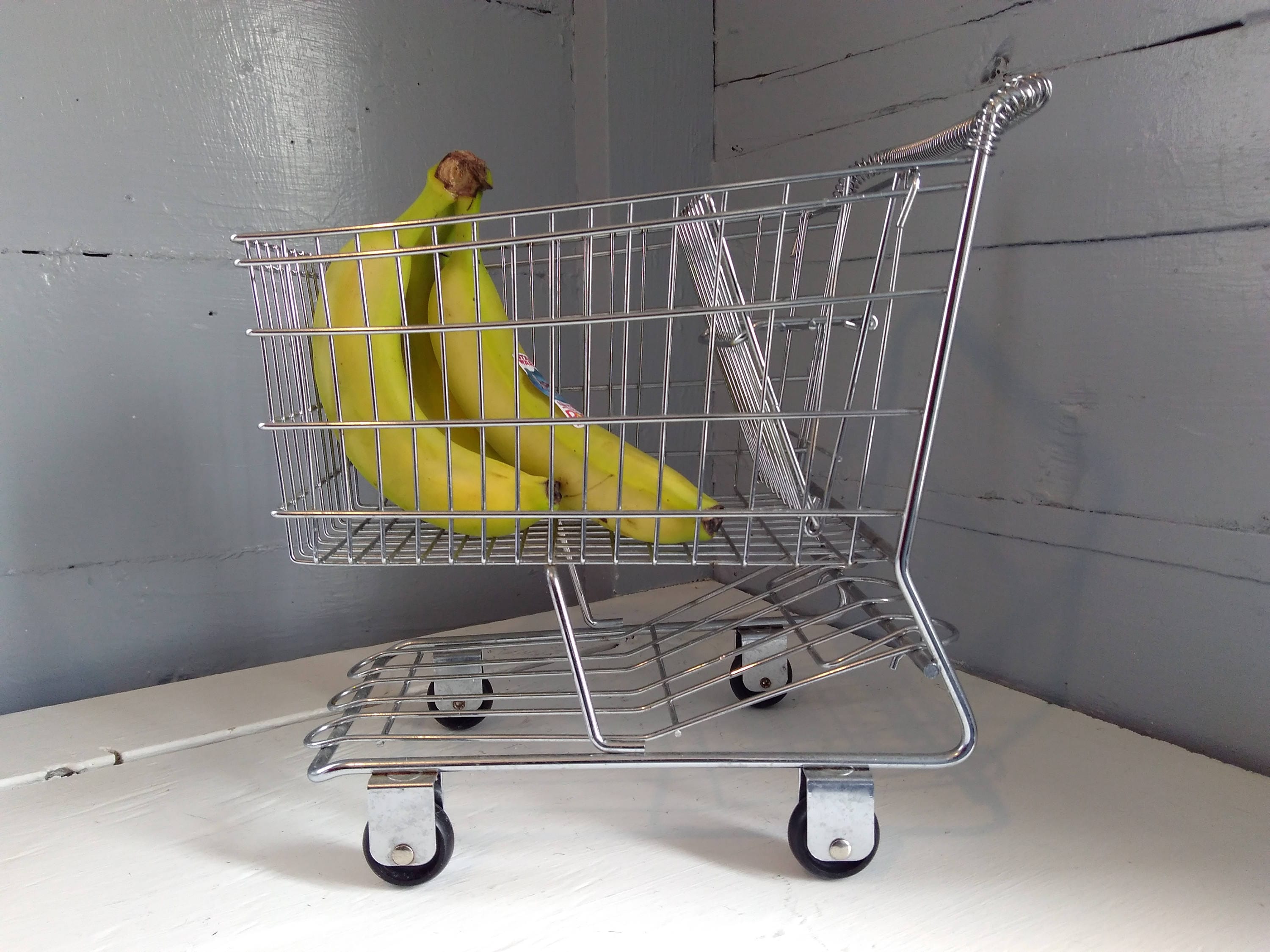 Vintage 50s Miniature Shopping Cart Metal Rolling Chrome Color Kitchen