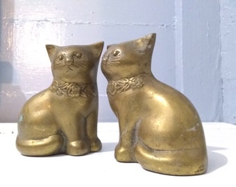 Two Large Vintage Brass Cats Figurines Knick Nack Bookshelf Mantel Home Decor Gift Idea Photo Prop RhymeswithDaughter