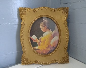 Vintage Homco Young Girl Reading Print by Fragonard in a Beautiful Ornate Gold Hard Plastic Molded Frame Made in the USA RhymeswithDaughter