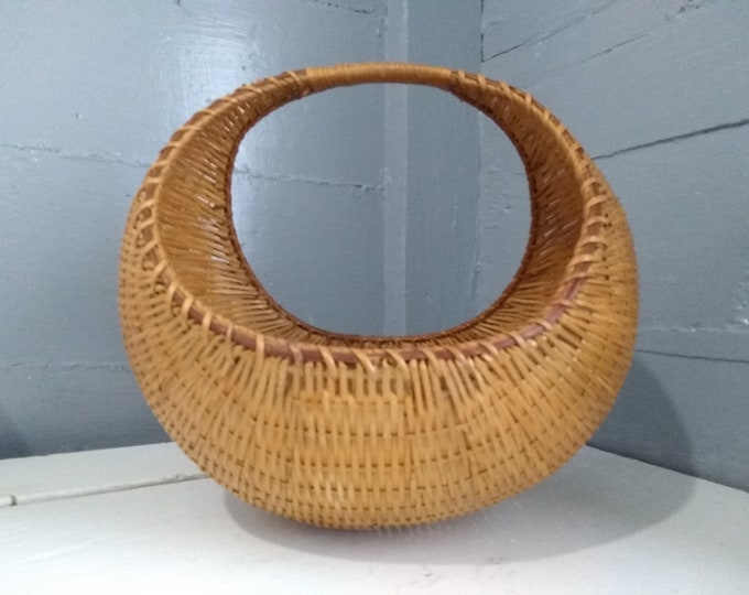 Featured listing image: Vintage Wicker Gondola Basket | Mid Century Modern Crescent Moon Rattan Basket | Boho Chic Half Moon Magazine Holder, Woven Fruit Bowl