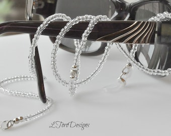 Clear Seed Bead Eyeglass Chain: Silver Accents, 26 inch Glasses Holder