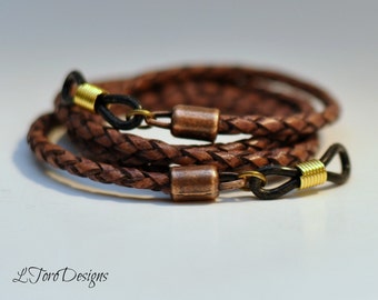 Braided Leather Eyeglass Chain: Cognac Brown Sunglass Holder