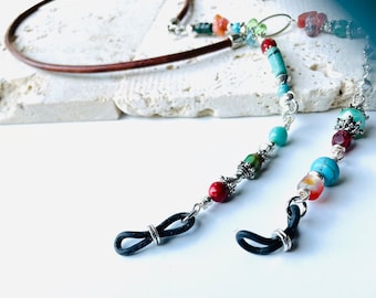 Cadena para gafas con piedras preciosas: cuentas de cristal checo, cordón de cuero