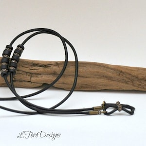 Rustic Black Leather Eyeglass Chain: Ceramic Beads, Oxidized Brass