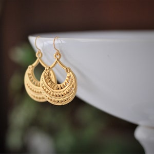 Gold Plated Crescent Dangle Earrings: Ornate Boho Style