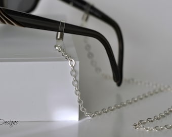 Glazen ketting, lenzenvloeistof ketting, zilveren ketting, lanyard, zonnebrillen ketting, lezers ketting, oog slijtage, zonnebril leiband, zilveren bril ketting