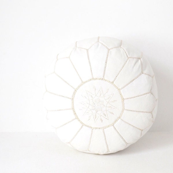 Moroccan Pouf Designer luxury White Leather Pouf Hand Stitched and Embroidered