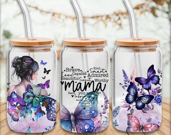 Butterfly Mama Love Brave Kind Smart Glass Cup, Glass Mug 16oz, Iced Coffee Cup, Personalized Coffee Glass, Mother's Day Gift, New Mom Gift