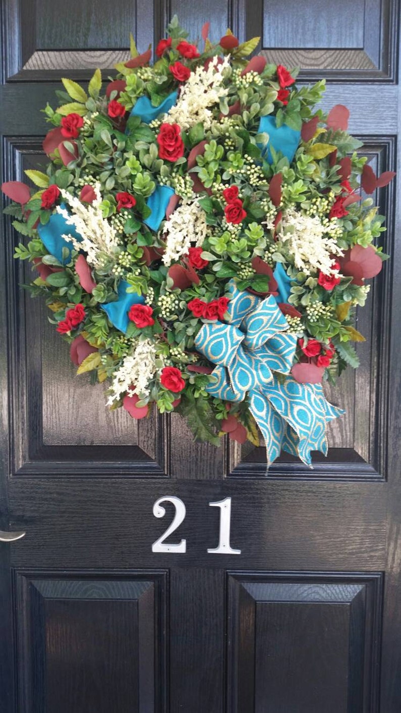 Large Elegant Year Round Summer Grapevine Door Wreath Teal Red Cream Floral Wedding Decor Peacock Ribbon Wreath