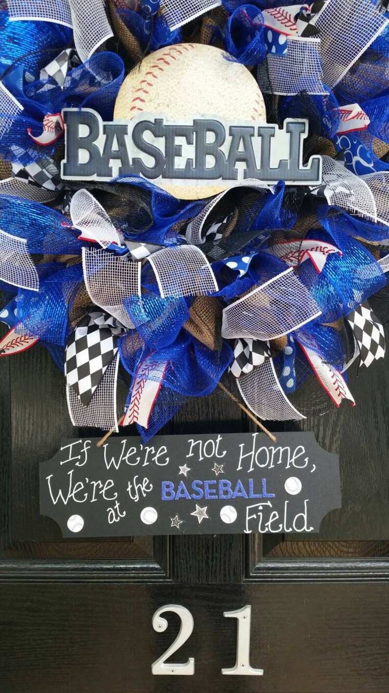 Large Burlap Baseball Wreath Deco Mesh Ribbon Spring Summer Decor Chalkboard Metal Wood Sign If We Don/'t Answer We/'re At The Ballfield