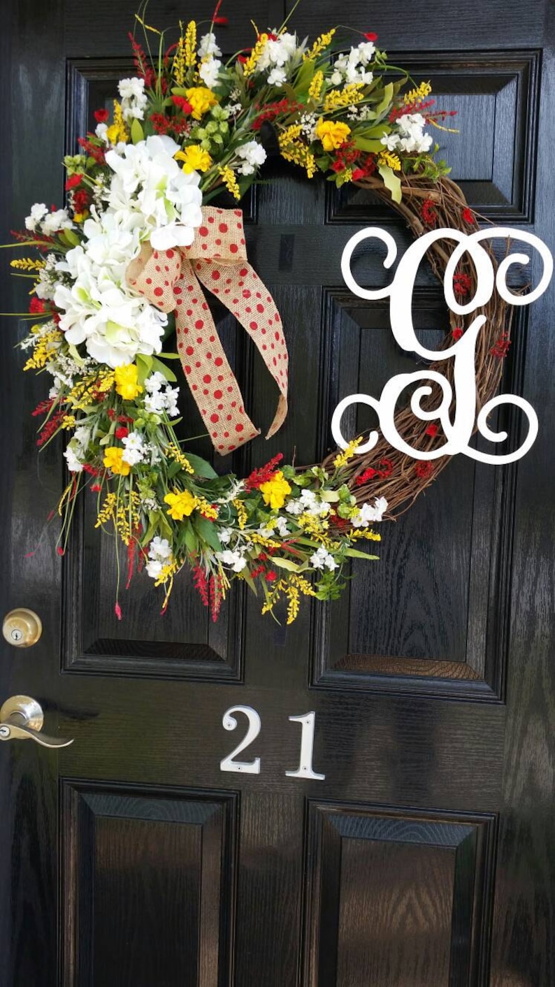 Extra Large Grapevine Wreath Personalized Monogram Initial Hydrangeas Burlap Ribbon Spring Summer Wedding Mothers Day Year Round Door Decor