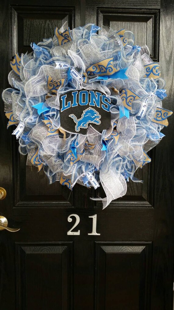 Large Mesh Ribbon Detroit Lions Football Wreath Blue White Etsy