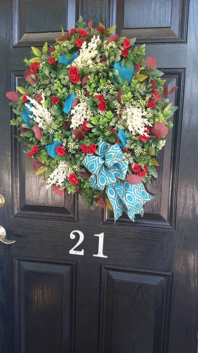 Large Elegant Year Round Summer Grapevine Door Wreath Teal Red Cream Floral Wedding Decor Peacock Ribbon Wreath