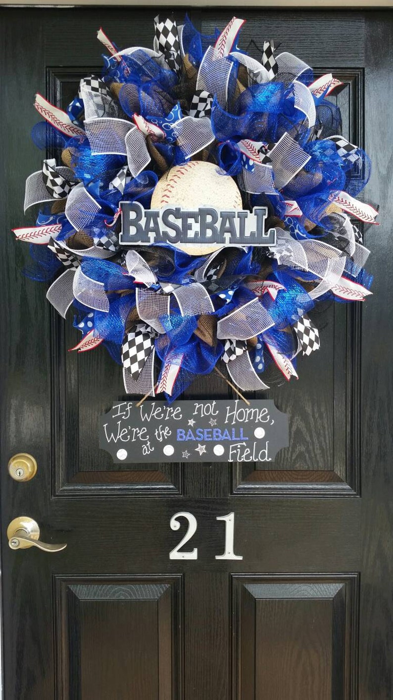 Large Burlap Baseball Wreath Deco Mesh Ribbon Spring Summer Decor Chalkboard Metal Wood Sign If We Don/'t Answer We/'re At The Ballfield