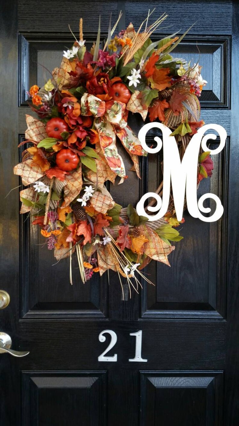 FREE SHIPPING Fall Wreath Autumn Wreath Rustic Door Wreath Farmhouse Wreath Initial Monogram Wreath Pumpkin Burlap Ribbon Wreath
