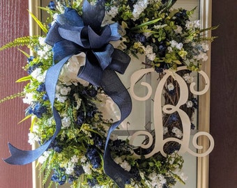Spring Summer Wreath Grapevine Hydrangea Wreath Monogram Wreath Wedding Wreath Navy Blue Wreath Fall Autumn Wreath Every Day Wreath