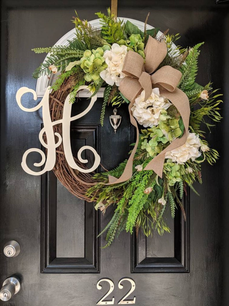 Grapevine Wreath Hydrangea Wreath Personalized Monogram Initial Wreath Wedding Decor Burlap Ribbon Spring Summer Wreath Year Round Wreath