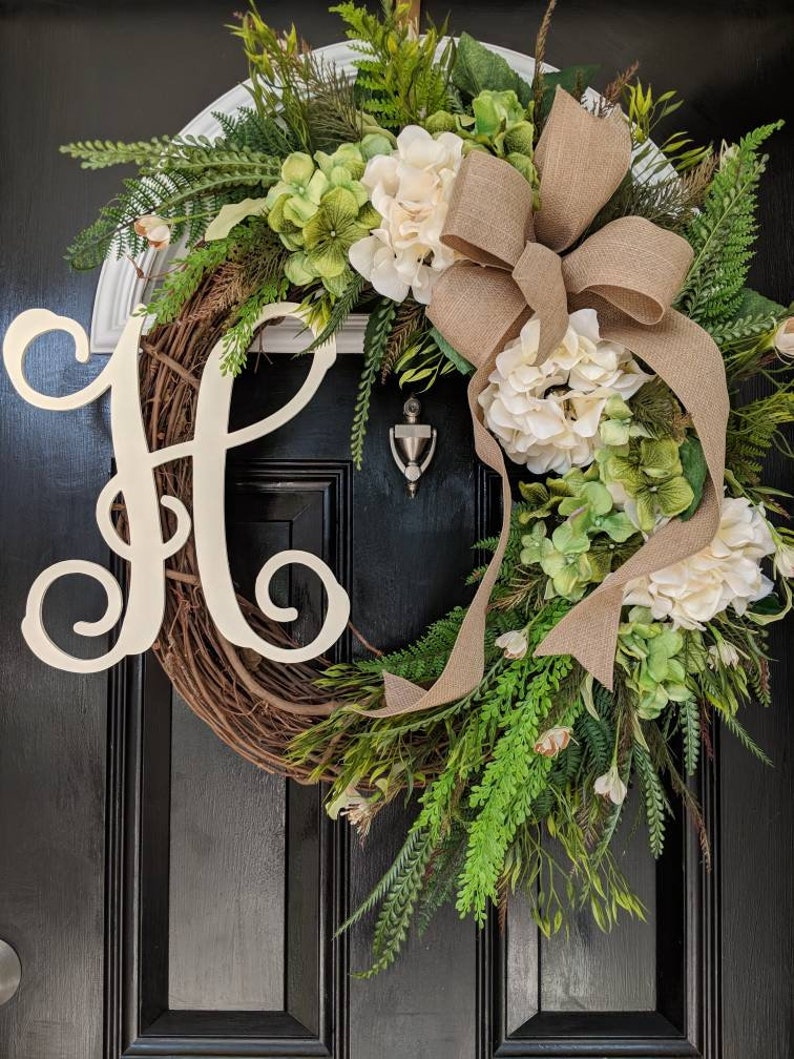 Large Grapevine Wreath Hydrangeas or Magnolias Wreath Monogram Initial Wreath Wedding Decor Wreath Burlap Ribbon Spring Year Round Wreath