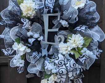 Year Round Wreath Fall Autumn Wreath Mothers Day Wreath Wedding Wreath Personalized Initial Monogram Wreath Black White Grey Wreath