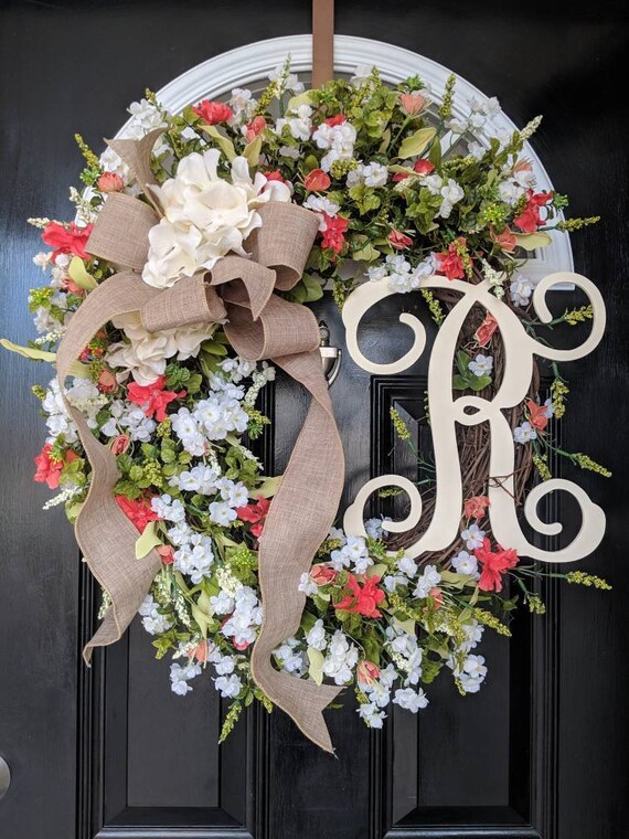 Grapevine Wreath Hydrangeas Wreath Monogram Initial Wedding Etsy