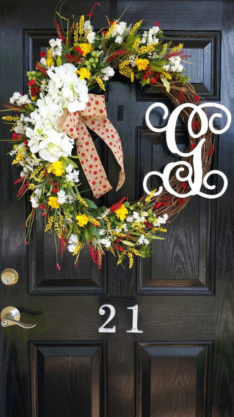 Extra Large Grapevine Wreath Personalized Monogram Initial Hydrangeas Burlap Ribbon Spring Summer Wedding Mothers Day Year Round Door Decor