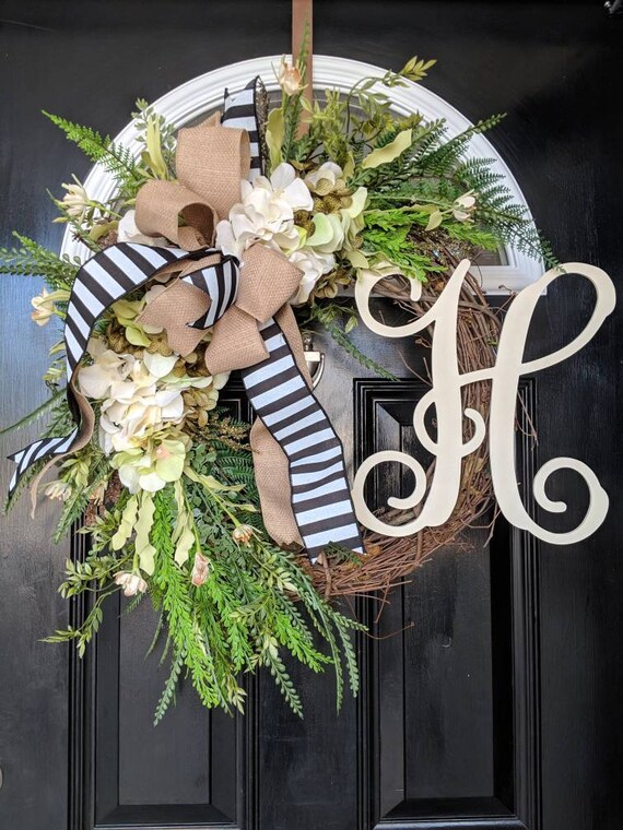 Grapevine Wreath Hydrangeas Wreath Monogram Initial Wreath Etsy
