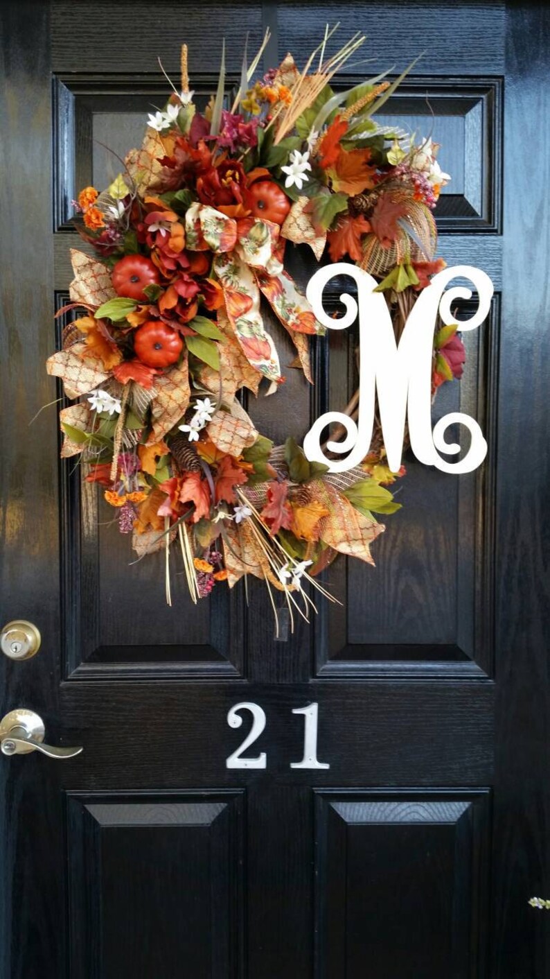 FREE SHIPPING Fall Wreath Autumn Wreath Rustic Door Wreath Farmhouse Wreath Initial Monogram Wreath Pumpkin Burlap Ribbon Wreath