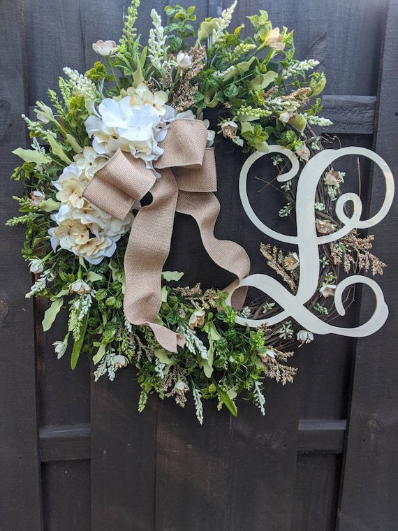 Large Grapevine Wreath Hydrangeas or Magnolias Wreath Monogram Initial Wreath Wedding Decor Wreath Burlap Ribbon Spring Year Round Wreath