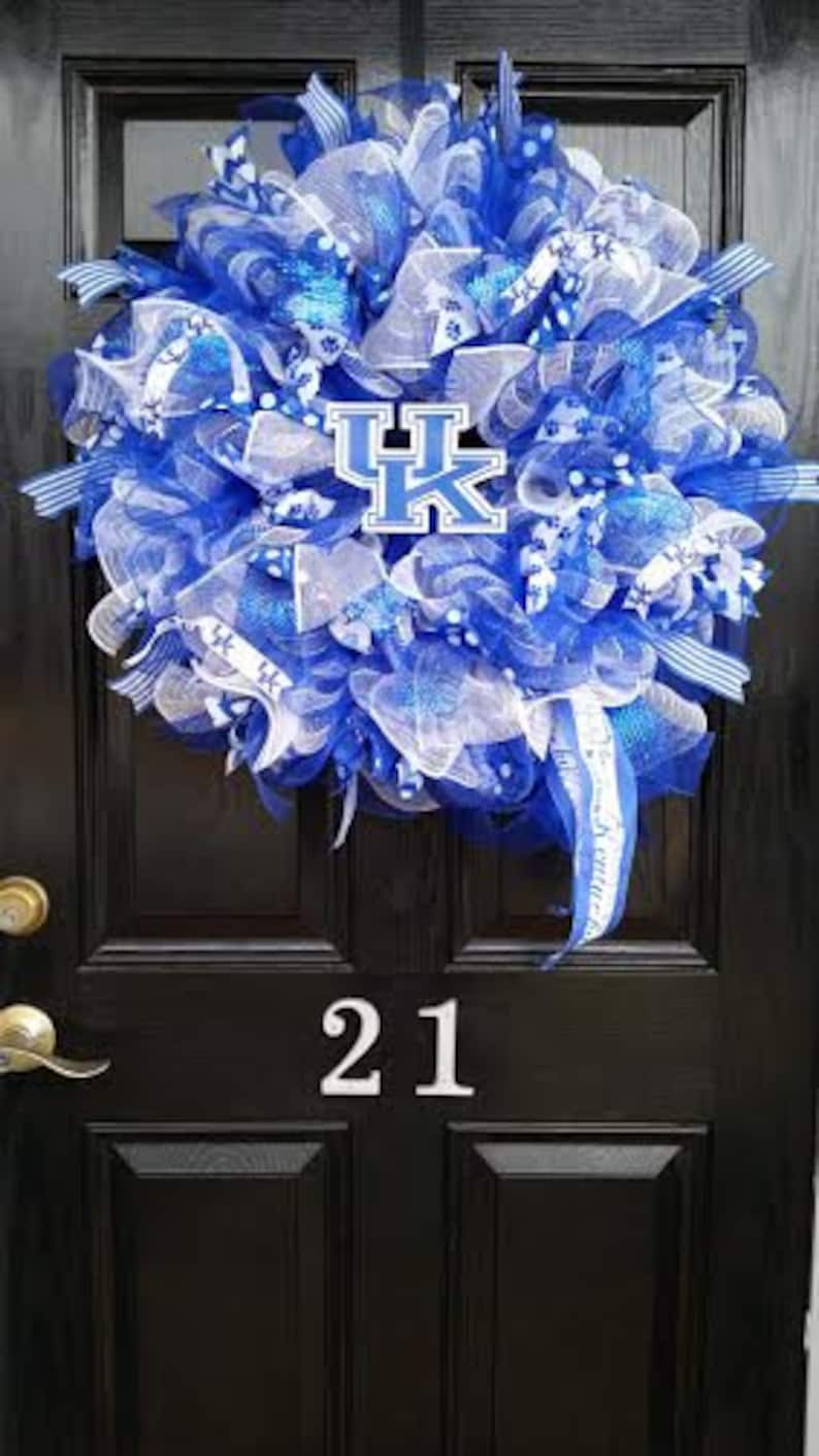 Large Mesh Ribbon Collegiate Wreath University of Kentucky Wildcats College Football Basketball Blue White Burlap Mesh Ribbon