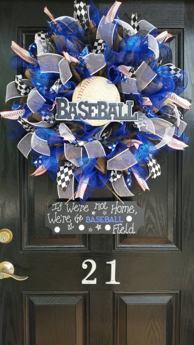 Large Burlap Baseball Wreath Deco Mesh Ribbon Spring Summer Decor Chalkboard Metal Wood Sign If We Don/'t Answer We/'re At The Ballfield