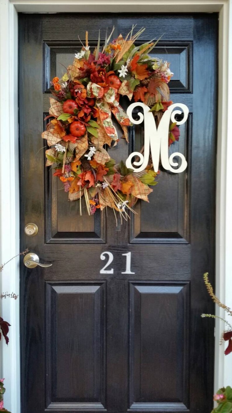 FREE SHIPPING Fall Wreath Autumn Wreath Rustic Door Wreath Farmhouse Wreath Initial Monogram Wreath Pumpkin Burlap Ribbon Wreath