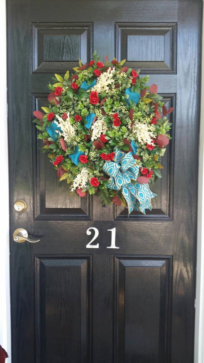 Large Elegant Year Round Summer Grapevine Door Wreath Teal Red Cream Floral Wedding Decor Peacock Ribbon Wreath