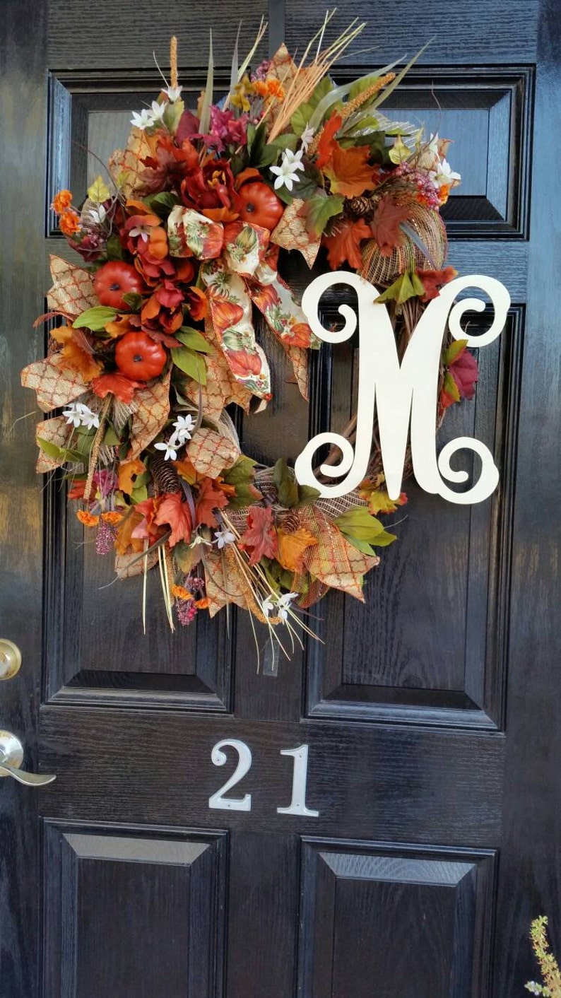 FREE SHIPPING Fall Wreath Autumn Wreath Rustic Door Wreath Farmhouse Wreath Initial Monogram Wreath Pumpkin Burlap Ribbon Wreath